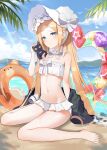  1girl abigail_williams_(fate) abigail_williams_(swimsuit_foreigner)_(fate) absurdres bangs bare_shoulders barefoot beach bikini black_cat black_jacket blonde_hair blue_eyes blue_sky bonnet bow breasts cat fate/grand_order fate_(series) flat_chest forehead hair_bow highres huge_filesize innertube jacket kyo_(maae00) legs long_hair miniskirt navel parted_bangs revision shore sidelocks sitting skirt sky swimsuit toes twintails very_long_hair wariza white_bikini white_bow white_headwear 