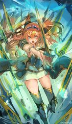  1girl armor bangs blue_eyes blue_legwear hair_between_eyes highres holding holding_sword holding_weapon knight long_hair long_sleeves multiple_swords multiple_weapons nagasawa_tougo open_mouth orange_hair original princess shoulder_armor solo sword thigh-highs tiara twitter_username very_long_hair weapon 