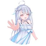  1girl absurdres ahoge amatsuka_uto blush detached_sleeves dip-dyed_hair dress hair_ornament hairclip highres indie_virtual_youtuber off-shoulder_dress off_shoulder open_mouth ribbon twintails tyaba_ryuu upper_body virtual_youtuber waving white_dress white_hair wing_hair_ornament 