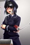 1girl 2000s_(style) aiguillette armband artist_request blush character_request copyright_request cropped crossed_arms hat lowres military military_uniform nazi necktie open_mouth peaked_cap riding_crop short_hair swastika uniform violet_eyes 