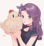  1girl abigail_(stardew_valley) animal bad_id bad_twitter_id bird black_shirt blue_eyes cheek_squash chicken choker commentary curly_hair hair_ornament hair_ribbon highres holding holding_animal long_hair misumi_(msm16) open_mouth purple_hair ribbon shirt short_sleeves solo stardew_valley translated upper_body white_background |_| 