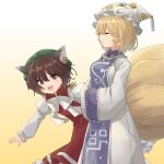  2girls :d animal_ear_fluff animal_ears beige_background blonde_hair bow bowtie breasts brown_eyes brown_hair cat_ears chen closed_eyes dress flat_chest fox_ears fox_tail hat highres ijisakio_sushi jewelry juliet_sleeves large_breasts light_blush long_sleeves looking_at_viewer mob_cap multiple_girls multiple_tails open_mouth pillow_hat puffy_sleeves red_dress short_hair simple_background single_earring smile tabard tail touhou white_dress white_neckwear yakumo_ran 