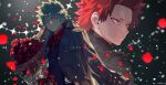  2boys artist_name backlighting bakugou_katsuki blonde_hair boku_no_hero_academia bouquet bow collared_shirt flower formal glowing glowing_eyes hair_slicked_back highres holding holding_bouquet jacket jacket_on_shoulders kirishima_eijirou light_smile looking_down looking_to_the_side male_focus multiple_boys necktie newspaper official_alternate_costume petals portrait red_eyes red_shirt redhead rose scar scar_on_face serious shirt shoco_(sco_labo) short_eyebrows short_hair sparkle spiky_hair suit trench_coat upper_body vest wind 
