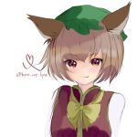  1girl :p animal_ears artist_name bangs boro_cop_lips bow bowtie breasts brown_eyes brown_hair cat_ears chen eyebrows_visible_through_hair face gold_trim hat highres looking_at_viewer medium_breasts mob_cap red_vest short_hair simple_background sketch solo tongue tongue_out touhou upper_body vest white_background yellow_neckwear 