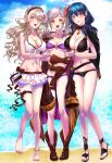  3girls bangs bikini blue_eyes blue_hair breasts brown_eyes byleth_(fire_emblem) byleth_eisner_(female) cape commentary_request corrin_(fire_emblem) corrin_(fire_emblem)_(female) eyebrows_visible_through_hair fire_emblem fire_emblem:_three_houses fire_emblem_awakening fire_emblem_fates fire_emblem_heroes flower full_body gem hair_between_eyes hair_flower hair_ornament heart highres large_breasts long_hair looking_at_viewer medium_hair multiple_girls navel open_mouth orange_eyes robin_(fire_emblem) robin_(fire_emblem)_(female) silver_hair smile super_smash_bros. swimsuit twintails violet_eyes whatthehell042 