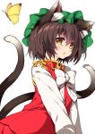  1girl :o animal_ear_fluff animal_ears blurry blush bow bowtie brown_eyes brown_hair bug butterfly cat_ears cat_tail chen commentary_request depth_of_field dress gold_trim hat highres insect jewelry mob_cap multiple_tails nekomata red_dress sakurame simple_background single_earring slit solo tail touhou two_tails upper_body white_background white_neckwear 