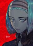  1other androgynous blue_eyes blue_hair closed_mouth colored_skin grey_skin hairband highres jacket looking_at_viewer medium_hair original pigeon666 portrait red_background ringed_eyes sanpaku signature solo 