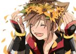  1boy :d blush brown_hair closed_eyes eno_(enokanotan) flower happy head_wreath highres kingdom_hearts kingdom_hearts_iii male_focus open_mouth paper_texture petals simple_background smile solo sora_(kingdom_hearts) spiky_hair sunflower white_background yellow_flower 