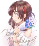  1girl bangs blue_flower bouquet breasts brown_hair clothing_cutout eyebrows_visible_through_hair flower hair_behind_ear highres hisashu_akari holding holding_bouquet medium_breasts mole mole_under_eye pink_eyes pink_flower pink_sweater r-noise shoulder_cutout smile solo sweater upper_body virtual_kouhou_taishi_project virtual_youtuber 
