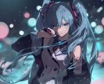  1girl aqua_eyes aqua_hair arm_tattoo black_bow black_jacket bow buttons character_name commentary frown hair_bow hatsune_miku highres holding holding_microphone jacket kodamazon looking_at_viewer microphone open_clothes open_jacket rain shirt solo tattoo twintails upper_body v-shaped_eyebrows vocaloid white_shirt 