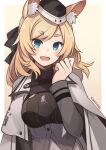 1girl animal_ear_fluff animal_ears arknights armor artist_name bangs black_bow black_headwear blonde_hair blue_eyes bow commentary eyebrows_visible_through_hair fang grey_jacket grey_shirt hair_bow hand_up horse_ears jacket kibashiba long_hair open_clothes open_jacket open_mouth shirt skin_fang solo swept_bangs thick_eyebrows upper_body whislash_(arknights) 