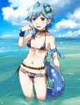  1girl ahoge alternate_costume bikini blue_bikini blue_eyes blue_hair blue_sky breasts clouds collar crescent day flower hair_flower hair_ornament innertube kantai_collection minazuki_(kancolle) ocean outdoors sameha_ikuya short_hair sky small_breasts solo standing striped striped_bikini swimsuit wading 