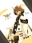  1girl arknights bangs brown_hair buttons commentary dated drone feather_hair glasses highres jacket long_sleeves looking_at_viewer namekuz1paint no_outlines open_hand orange_eyes rhine_lab_logo short_hair signature silence_(arknights) simple_background thigh-highs 