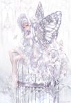  1girl barefoot bug butterfly butterfly_wings cage dress flower full_body hane_segawa headdress highres insect long_hair looking_at_viewer original solo white_dress white_hair wings 