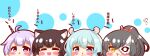  4girls :d absurdres ahoge akatsuki_(azur_lane) animal_ear_fluff animal_ears azur_lane bangs black_hair blue_eyes blue_hair blush brown_eyes cat_ears character_request chibi closed_eyes eyebrows_visible_through_hair hair_between_eyes half_mask hand_up hands_up high_ponytail highres kurukurumagical mikazuki_(azur_lane) multiple_girls open_mouth ponytail purple_hair smile translation_request unicorn_(azur_lane) violet_eyes white_background 