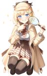  1girl absurdres bangs blonde_hair blue_eyes blush breasts brown_hair brown_headwear brown_legwear brown_skirt collared_shirt commentary_request eyebrows_visible_through_hair full_body grin hat high-waist_skirt highres holding_magnifying_glass hololive hololive_english huge_filesize looking_at_viewer medium_breasts medium_hair necktie plaid plaid_skirt pleated_skirt red_neckwear shirt shoes skirt smile solo squatting thigh-highs thigh_strap trench_coat virtual_youtuber watson_amelia white_shirt xiho_(suna) 
