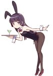  1girl animal_ears bent_over black_hair black_legwear black_leotard bow bowtie breasts bunny_tail detached_collar full_body glass gokou_ruri herunin highres leotard long_hair looking_at_viewer mole mole_under_eye ore_no_imouto_ga_konna_ni_kawaii_wake_ga_nai pantyhose playboy_bunny rabbit_ears red_neckwear simple_background small_breasts solo tail tray violet_eyes white_background wrist_cuffs 