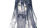  1girl black_hair black_shirt copyright_request hair_between_eyes head_tilt highres jacket long_hair looking_at_viewer shirt simple_background solo toosaki upper_body white_background white_jacket yellow_eyes 