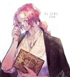  1boy adjusting_eyewear book earrings fingernails grey_eyes hand_up holding holding_book jacket jacket_on_shoulders jewelry looking_at_viewer male_focus original pigeon666 pink_hair ponytail shirt simple_background smile solo stud_earrings upper_body white_background white_shirt 