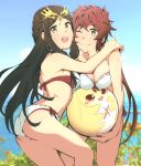  2girls ass back bangs bikini blush breasts fan_la_norne feather_hair hair_ribbon highres hug long_hair looking_at_viewer lora_(xenoblade) multiple_girls navel open_mouth parted_lips redhead ribbon short_hair simple_background smile swimsuit tomaja_sougou xenoblade_chronicles_(series) xenoblade_chronicles_2 xenoblade_chronicles_2:_torna_-_the_golden_country yellow_eyes 