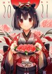  1girl 2021 animal_ears artist_name beef black_hair bow checkered cow_ears cow_horns floral_print hair_bow highres holding holding_plate horns japanese_clothes kimono obi original oshio_(dayo) petals plate red_eyes robe sash short_hair signature smile solo striped striped_kimono upper_body 