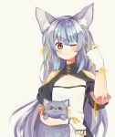  .live :&lt; animal_ears blush breasts cleavage_cutout clothing_cutout dog fingerless_gloves gloves hair_ornament highres long_hair one_eye_closed purple_hair red_eyes rurun_rururica simple_background small_breasts tail virtual_youtuber white_background wolf_ears wolf_tail 