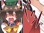  1girl 1other animal_ear_fluff animal_ears bdsm blush bow bowtie brown_hair cat_ears cat_tail chen closed_eyes hammer_(sunset_beach) hat jewelry masochism mob_cap motion_lines multiple_tails nekomata nose_blush open_mouth short_hair single_earring sound_effects spanking tail touhou two_tails upper_body yellow_neckwear 