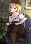  1girl ass bangs blonde_hair blue_eyes blush breasts chair deerstalker faicha hair_ornament hat hololive hololive_english large_breasts long_sleeves looking_at_viewer looking_back monocle_hair_ornament plant potted_plant short_hair smile thighs virtual_youtuber watson_amelia 
