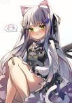  1girl animal_ears assault_rifle bandaid bare_legs black_cat blush bow bowtie cat cat_ears cat_tail checkered checkered_neckwear closed_mouth crying dress eyebrows_visible_through_hair frown girls_frontline green_eyes gun h&amp;k_hk416 hair_ornament hairclip highres hk416_(girls_frontline) knees_up long_hair looking_at_viewer nyaruin rifle silver_hair sitting speech_bubble tail teardrop_tattoo tears twitter_username wavy_mouth weapon wing_collar x_hair_ornament 