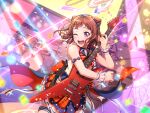 1girl bang_dream! blush brown_hair confetti dress drum guitar lights looking_at_viewer official_art open_mouth short_hair smile solo sparkle stage_lights star_hair_ornament toyama_kasumi violet_eyes wink