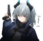  1girl arknights blue_jacket dragon_horns grey_hair grey_shirt gun hand_up highres holding holding_gun holding_weapon horns jacket liskarm_(arknights) open_clothes open_jacket raw_egg_lent shirt short_hair simple_background sketch solo upper_body weapon white_background yellow_eyes 