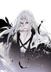  1boy armor black_gloves black_jacket black_wings feathered_wings feathers final_fantasy final_fantasy_vii gloves green_eyes hand_up highres jacket long_hair male_focus sephiroth shoulder_armor single_wing solo upper_body white_background white_hair wings xiandao1213 