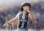  1boy adidas black_hair captain_tsubasa cowboy_shot english_commentary hand_on_own_face hyuuga_kojirou juventus_fc paulo_dybala pose rico_t08 serie_a sleeves_rolled_up soccer_uniform sportswear 