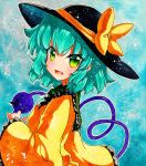  1girl bangs black_headwear blouse blue_background blue_hair bow crystal eyebrows_visible_through_hair green_eyes hair_between_eyes hand_up hat komeiji_koishi long_sleeves looking_at_viewer open_mouth qqqrinkappp shikishi short_hair smile solo touhou traditional_media yellow_blouse yellow_bow yellow_sleeves 
