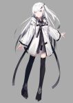 1girl allial_(coefont) black_legwear black_shorts closed_mouth coat coefont_studio grey_background grey_eyes hair_ornament hairclip highres hood hood_down hooded_coat long_hair long_sleeves looking_at_viewer micro_shorts nagishiro_mito one_side_up shorts simple_background solo thigh-highs white_coat white_hair 