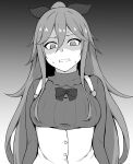  1girl breasts gradient gradient_background greyscale hair_ribbon highres kantai_collection long_hair medium_breasts monochrome ponytail ribbon shaded_face solo sweat takaman_(gaffe) upper_body wavy_mouth yamakaze_(kancolle) 