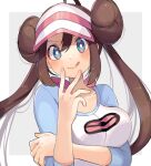  1girl bangs blue_eyes blush bow breasts bright_pupils brown_hair closed_mouth collarbone commentary_request double_bun highres long_hair looking_at_viewer pink_bow pokemon pokemon_(game) pokemon_bw2 raglan_sleeves ririmon rosa_(pokemon) shirt smile solo tongue tongue_out twintails upper_body visor_cap white_pupils 