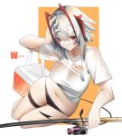  1girl absurdres antennae arknights black_panties breasts character_name collarbone cooler copyright_name dog_tags dripping fishing_rod grey_hair hand_on_own_head hand_up highres horns large_breasts looking_at_viewer navel no_pants orange_background panties parted_lips qtian red_eyes shirt short_hair short_sleeves solo t-shirt tail thigh_strap underwear w_(arknights) wet white_background white_shirt 