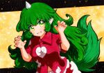  1girl bangs black_border border eyebrows_visible_through_hair green_eyes green_hair hair_between_eyes hands_up horns komano_aunn long_hair looking_at_viewer open_mouth qqqrinkappp red_shirt red_sleeves shirt short_sleeves shorts single_horn smile solo tail touhou traditional_media white_shorts yellow_background 