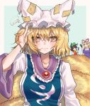  3girls absurdres animal_ears blonde_hair blue_background blush bow bowtie breasts brown_hair cat_ears chen dress fox_ears fox_tail hand_in_hair hat highres large_breasts long_hair looking_at_viewer mob_cap multiple_girls multiple_tails pillow_hat purple_dress red_dress red_eyes short_hair simple_background solo_focus squiggle tabard tail toluda touhou upper_body violet_eyes white_dress white_neckwear yakumo_ran yakumo_yukari yellow_eyes 