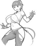  1girl breasts christie_monteiro christie_monteiro_(cosplay) cosplay erkaz eyebrows_visible_through_hair fingerless_gloves gloves halter_top halterneck highres huge_breasts looking_at_viewer midriff monochrome original pants ponytail rina_atherina smile standing tekken thighs torn_clothes torn_pants under_boob 