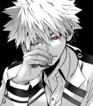  1boy bakugou_katsuki black_background boku_no_hero_academia collared_shirt hand_on_own_face head_rest lapel looking_to_the_side male_focus monochrome one_eye_closed open_collar portrait red_eyes school_uniform serious shirt shoco_(sco_labo) short_hair solo spiky_hair spot_color 