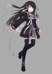  1girl arms_at_sides black_coat black_hair black_legwear black_shorts coat coefont_studio collared_shirt floating_hair full_body grey_background grey_eyes grey_shirt highres long_hair long_sleeves looking_at_viewer millial_(coefont) multicolored_hair nagishiro_mito parted_lips shirt shorts simple_background solo thigh-highs two-tone_hair wing_collar 