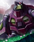  1boy android bridge closed_mouth clouds cloudy_sky commentary_request forehead_jewel grass green_eyes lightning looking_to_the_side male_focus mega_man_(series) mega_man_x6 mega_man_x_(series) napo outdoors rain rainy_turtloid_(mega_man) sky solo turtle_shell 