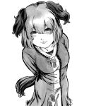  1girl :3 animal_ears bangs blush breasts closed_mouth commentary_request cowboy_shot dog_ears dog_tail dress eyebrows_visible_through_hair greyscale hair_between_eyes highres imori_(46296895) kasodani_kyouko looking_at_viewer medium_breasts monochrome short_hair simple_background solo tail touhou 