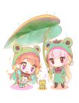  &gt;_&lt; 2girls :d absurdres aqua_hair bangs blush_stickers boots bow chibi eyebrows_visible_through_hair frog frog_raincoat highres holding hololive hololive_english leaf leaf_umbrella long_hair modoki_kuma mori_calliope multicolored_hair multiple_girls musical_note open_mouth orange_hair pink_hair rain raincoat red_eyes rubber_boots smile sparkle squatting takanashi_kiara very_long_hair violet_eyes virtual_youtuber white_background xd 