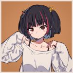  1girl bangs black_hair blunt_bangs border closed_mouth coffeiz_p collarbone hair_ribbon light_blush long_sleeves looking_at_viewer multicolored_hair off-shoulder_shirt off_shoulder orange_background original oversized_clothes red_eyes red_nails ribbon shirt short_hair short_twintails simple_background sleeves_past_wrists solo square straight_hair streaked_hair twintails two_side_up upper_body white_shirt yellow_ribbon 
