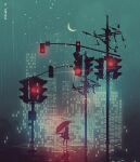 1other ambiguous_gender cityscape commentary crescent_moon english_commentary facing_away green_background holding holding_umbrella lens_flare limited_palette moon original rain reflection reinforced scarf signature simple_background traffic_light umbrella utility_pole 