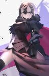  1girl absurdres armor armored_dress banner black_dress black_legwear breasts celeryma dress eyebrows_visible_through_hair fate/grand_order fate_(series) faulds gauntlets headpiece highres jeanne_d&#039;arc_(alter)_(fate) jeanne_d&#039;arc_(fate)_(all) large_breasts looking_at_viewer short_hair side_slit silver_hair solo thigh-highs yellow_eyes 