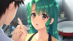  1boy 1girl bangs black_hair brown_eyes collarbone couple doukyuusei drill_hair eyebrows_visible_through_hair game_cg green_hair hair_between_eyes highres index_finger_raised indoors kitchen long_hair official_art open_mouth portrait sakuma_chiharu shiny shiny_hair shirt sumeragi_kohaku twin_drills yellow_shirt 